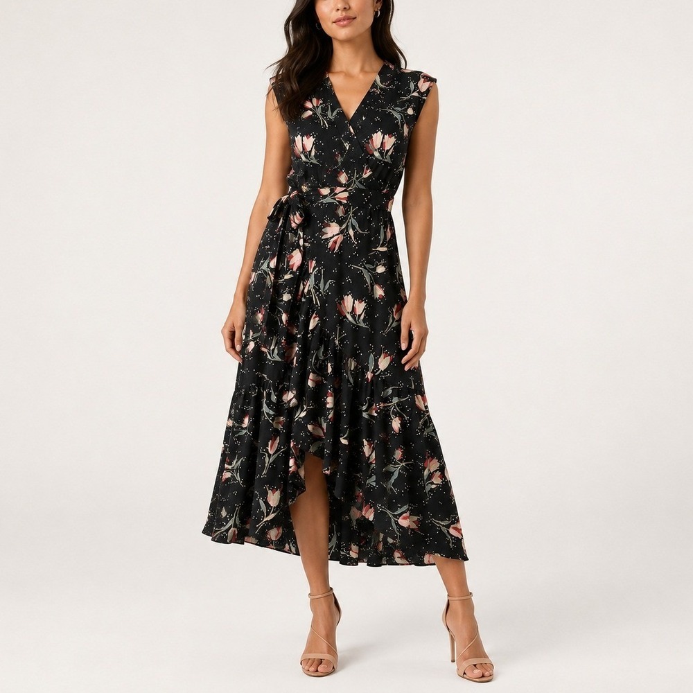 Rebecca Taylor Ikat Tulip Wrap Dress 6 Black Floral Ruffle High-Low